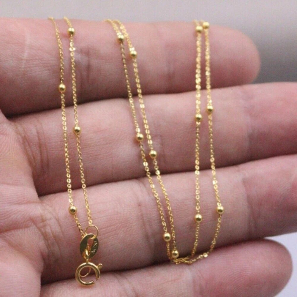 Solid 18K Yellow Gold Pure Au750 Beads Full Star Thin Chain Necklace 18”
