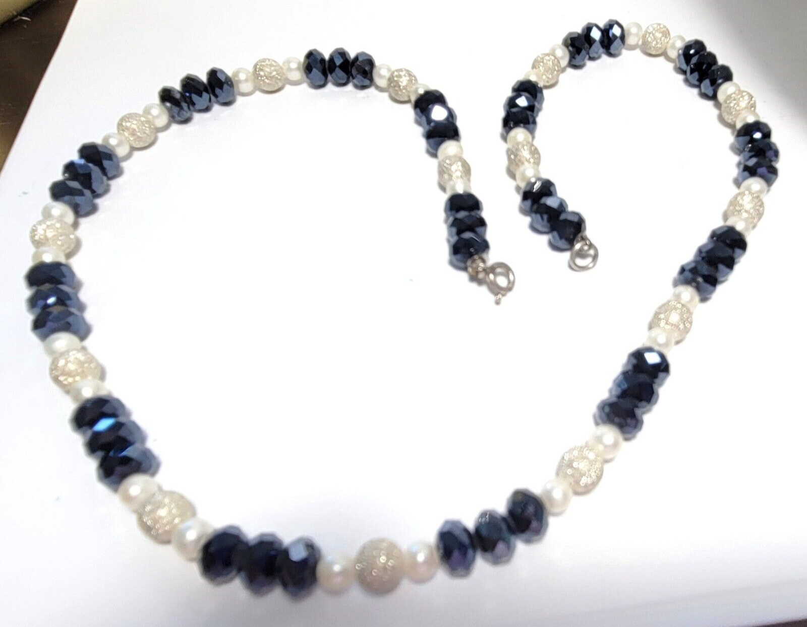 20″ Sterling Silver Bead Necklace 8mm Blk Crystal 7mm Sterling 5mm Cult Pearl