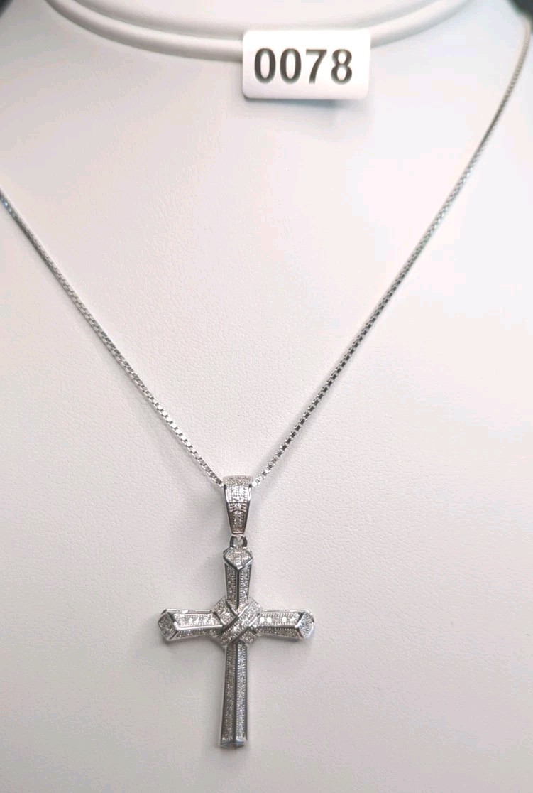 1.50 CTW Moissanite, 925 Silver Cross With 16 Inch Box Chain