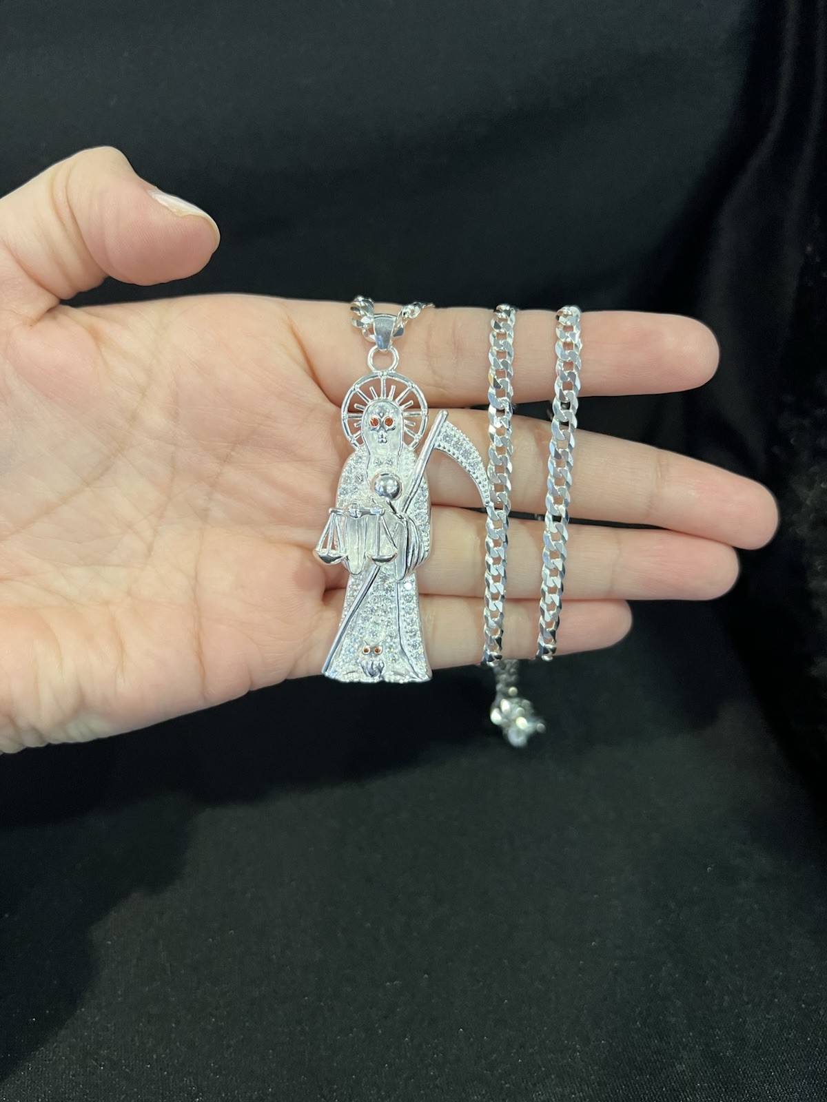 925 Sterling Silver Men Big CZ Santa Muerte Grim Reaper & Curb Chain 20 26 30