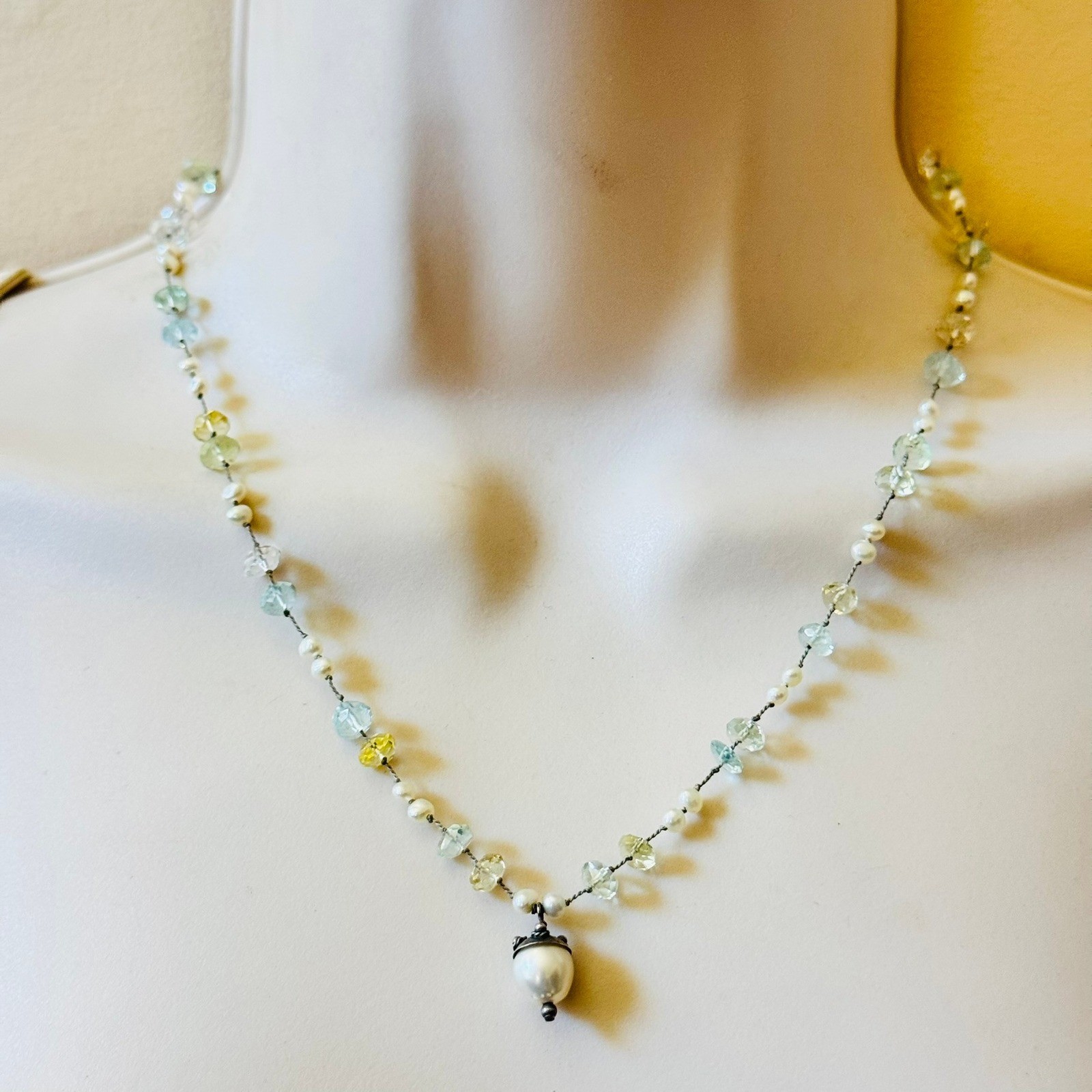 VTG Freshwater Pearl Beaded Choker AquaMarine 90s Necklace Sterling SIlver 925