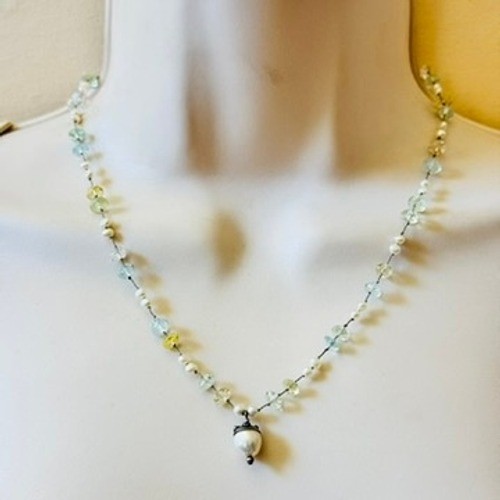 VTG Freshwater Pearl Beaded Choker AquaMarine 90s Necklace Sterling SIlver 925