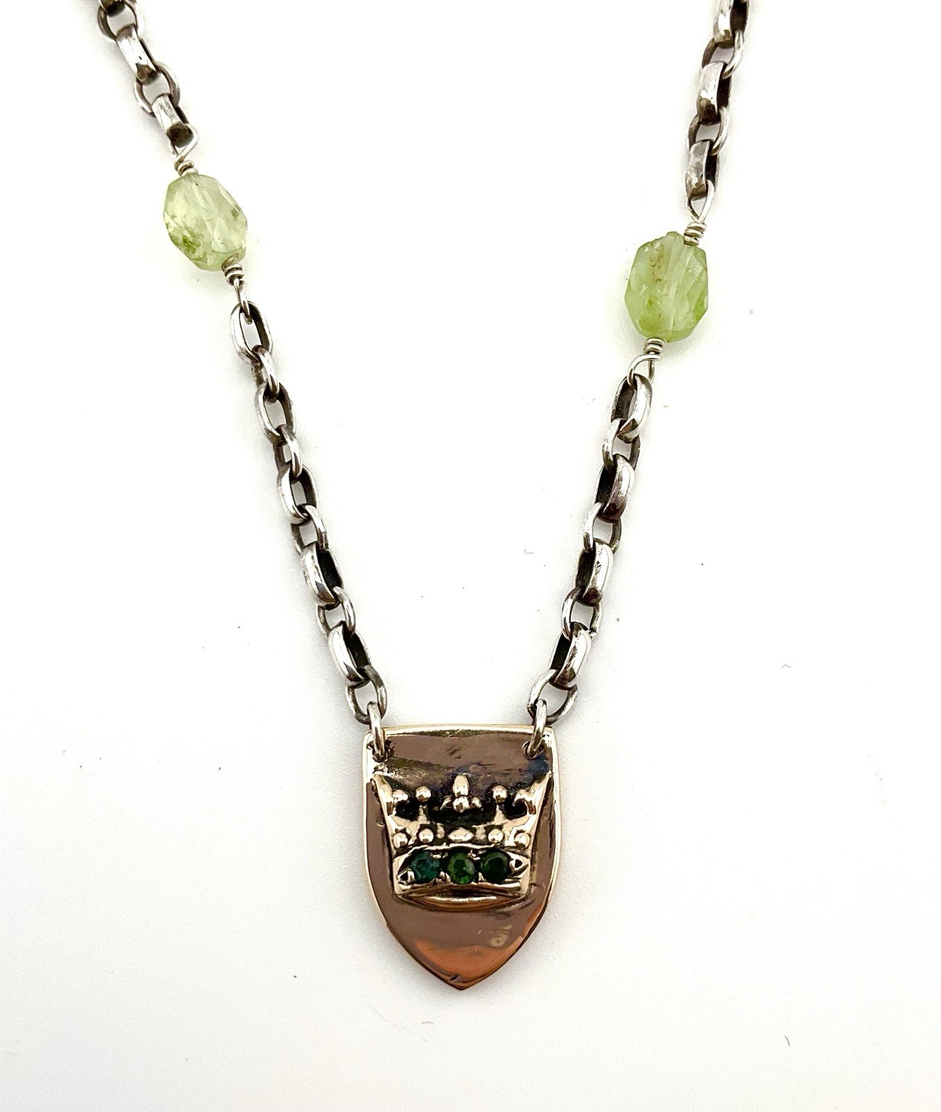 14k 4g Shield Crown Signed De Anne Necklace Sterling Chain Peridot Stones