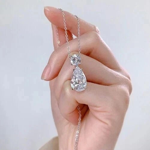 3 Ct Pear Lab Created Diamond Two Stone Charm Pendant 14K White Gold Plated 18″