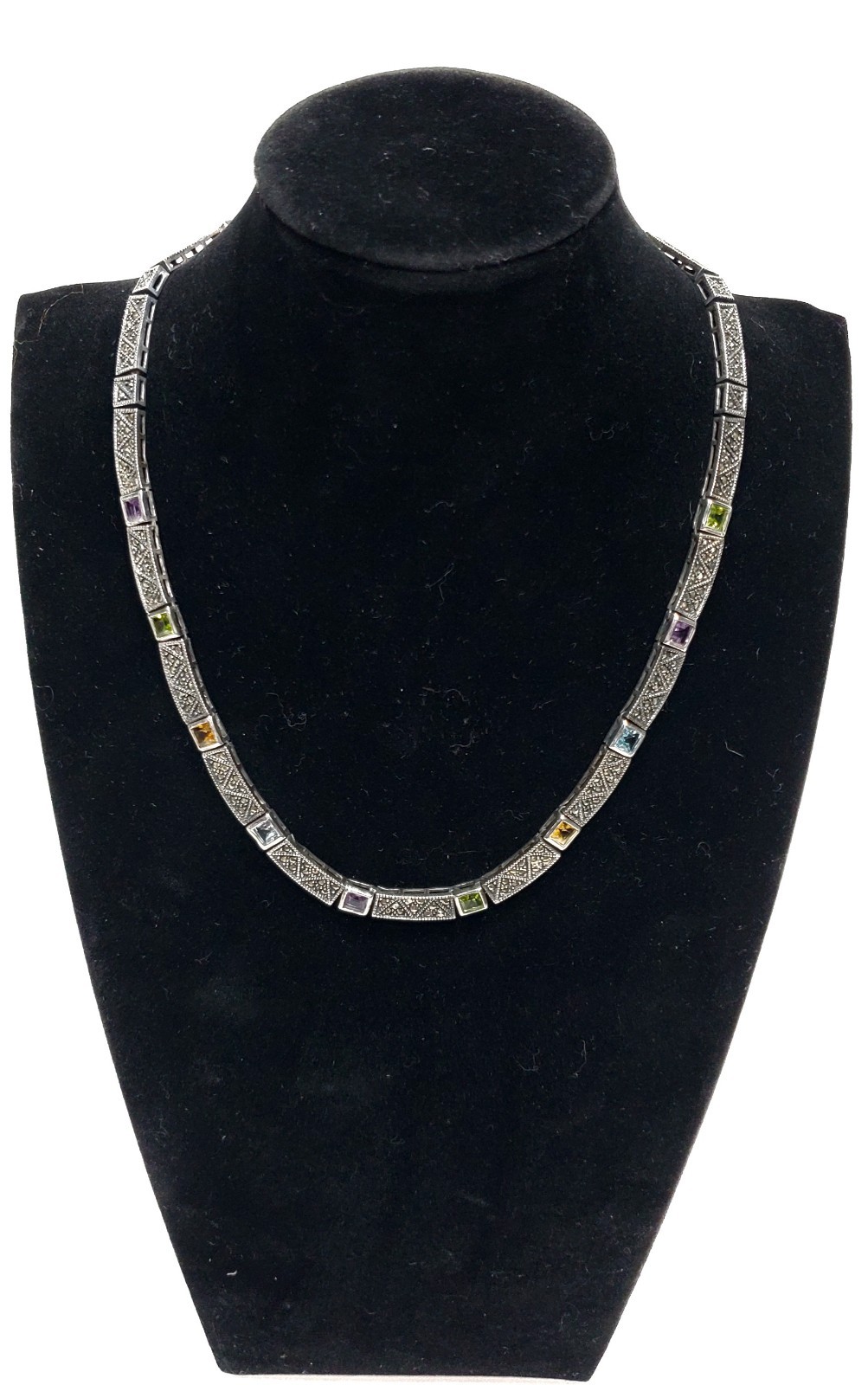 Art Deco Style Sterling Silver 925 Marcasite & Multi Gemstone Necklace Estate