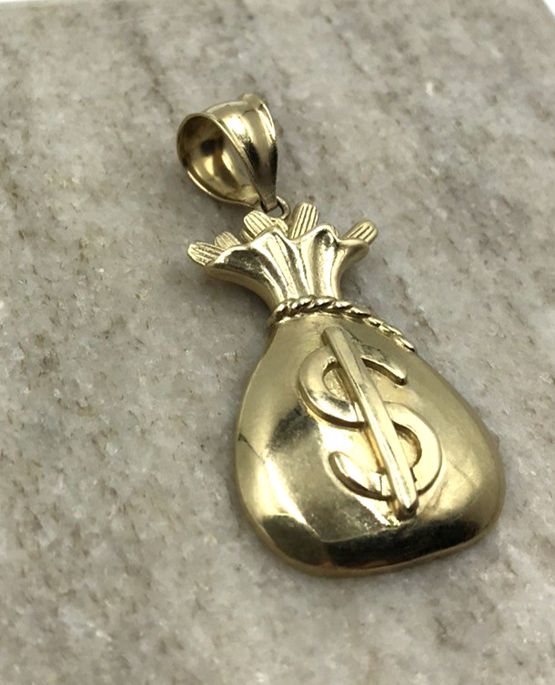 Solid 10K Yellow Gold Money Bag Dollar Sign Pendant Charm Textured Polished 7.8g