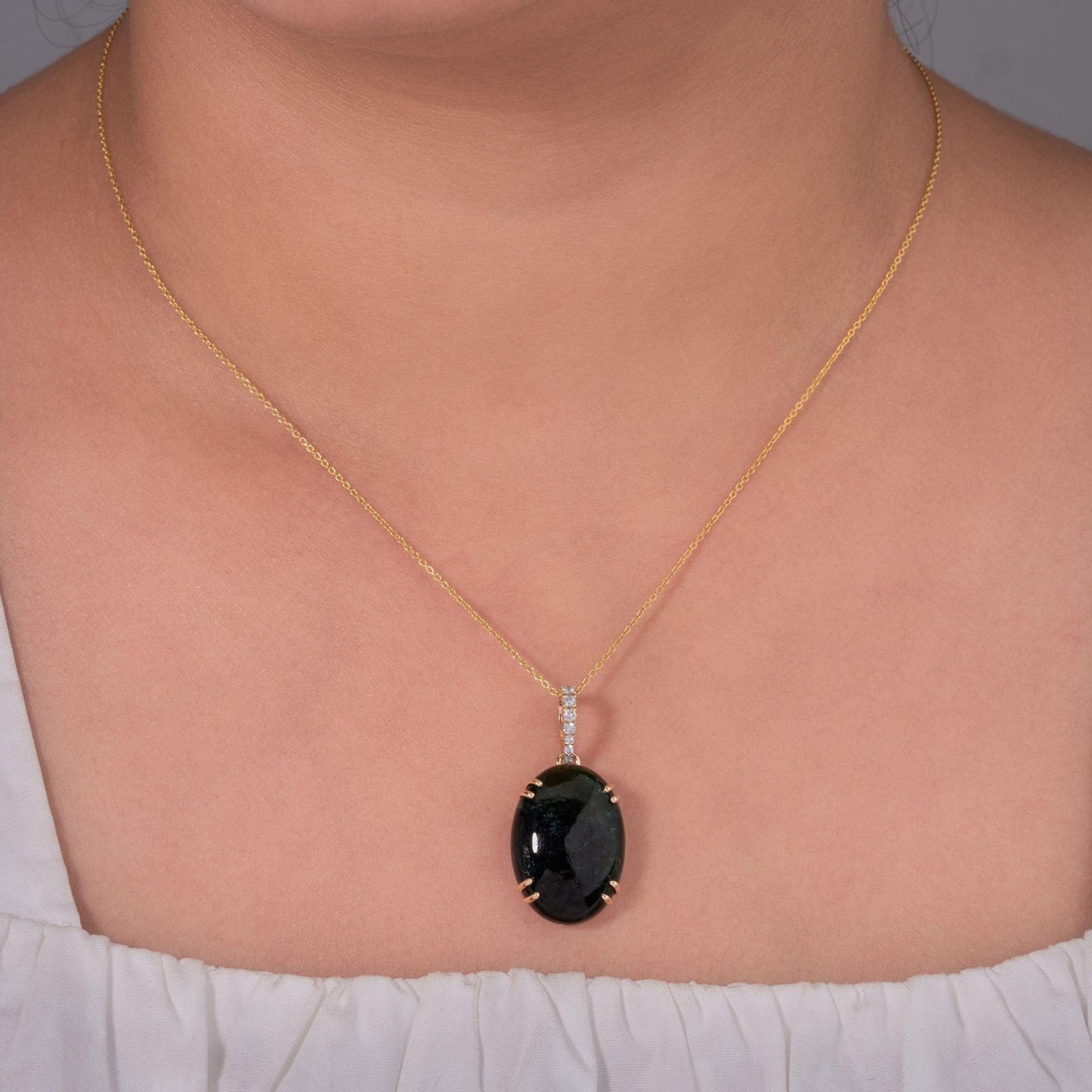 16.55 ct Natural Tourmaline Oval Pendant 14K Solid Gold Minimalist Layering Pave