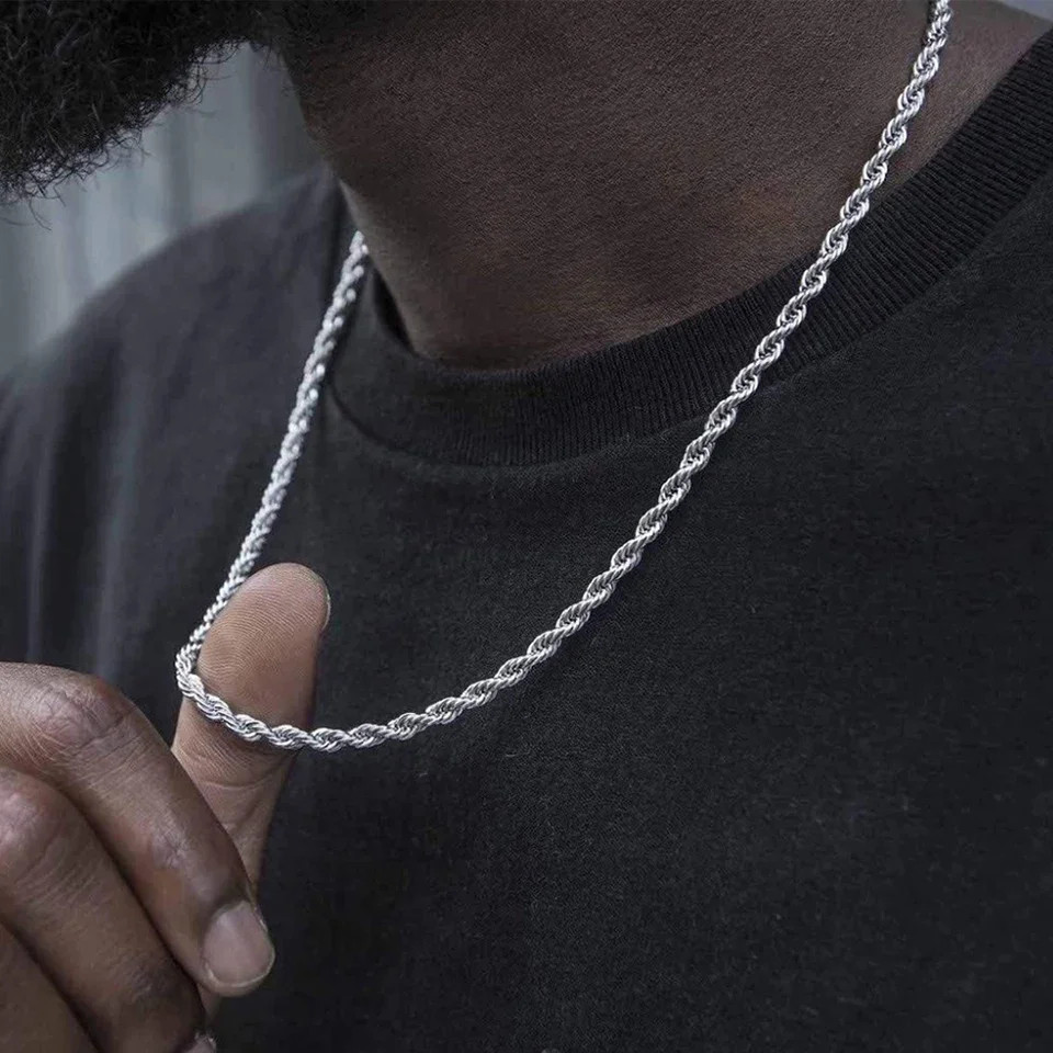 New Men’s Italian 4mm Diamond Cut Rope Chain Solid 925 Sterling Silver Necklace
