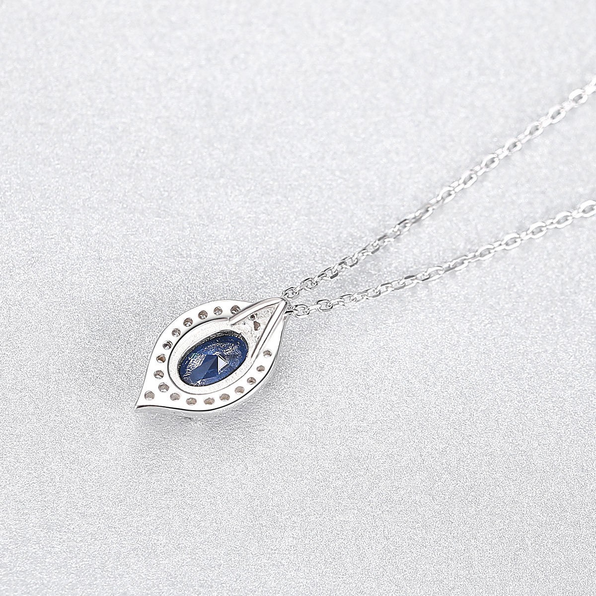 925 Sterling Silver Blue Sapphire Oval Shape Halo Necklace Elegant Women Gift
