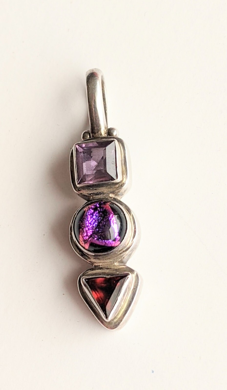 Vintage 3 Stone Sterling Multi Cut Purple Gemstone 1½” Drop Dangle PENDANT