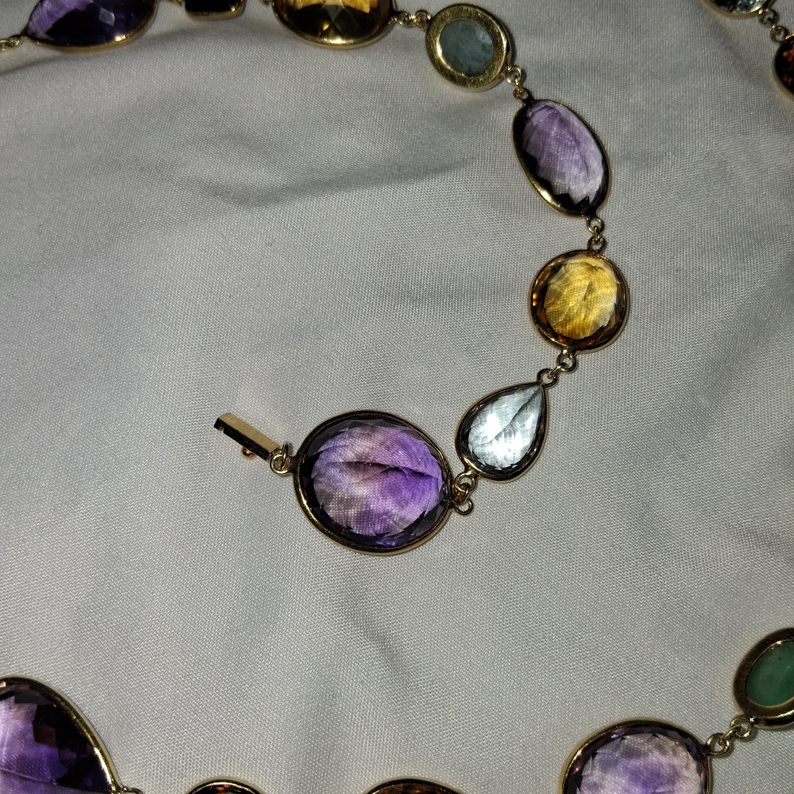 18k Yellow Gold multi color shape stone long necklace