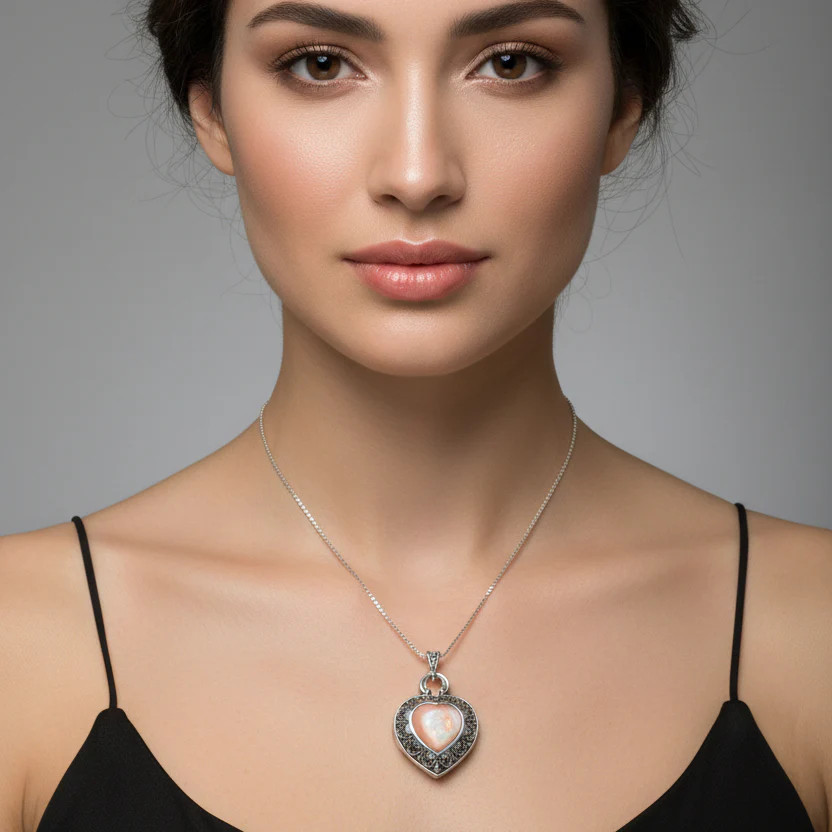 Locket Heart Marcasite Necklace in Sterling silver