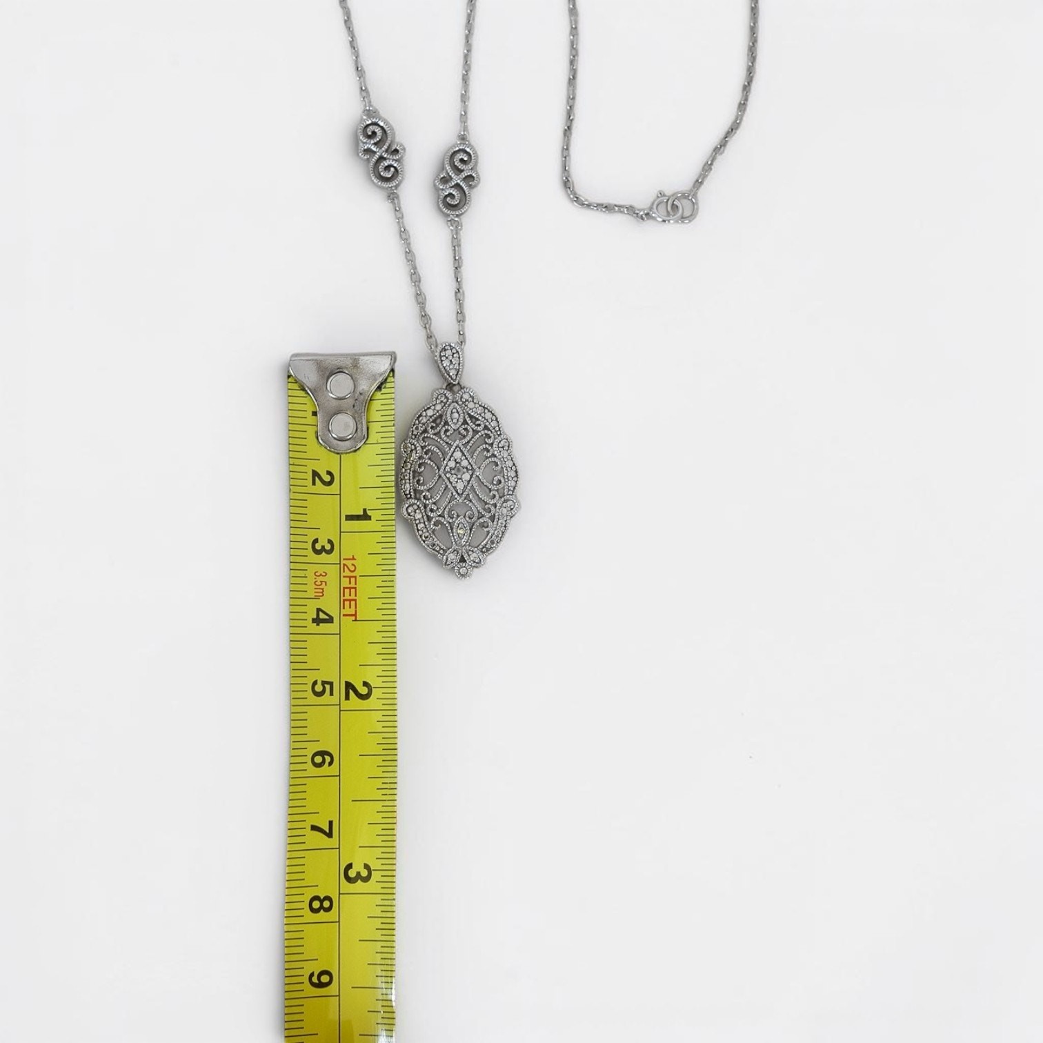 Vintage 925 Sterling Silver Victorian Style Filigree Pendant Necklace Marcasite