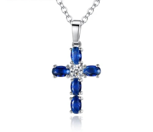 3.00Ct Oval Cut Lab Created Blue Sapphire Cross Pendant 14K White Gold Finish