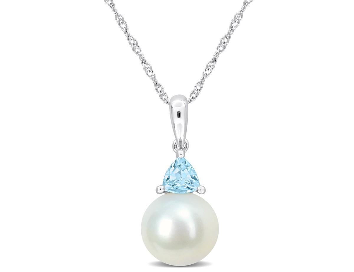 8-8.5mm Freshwater Cultured Pearl Pendant with Blue Topaz 10K Gold