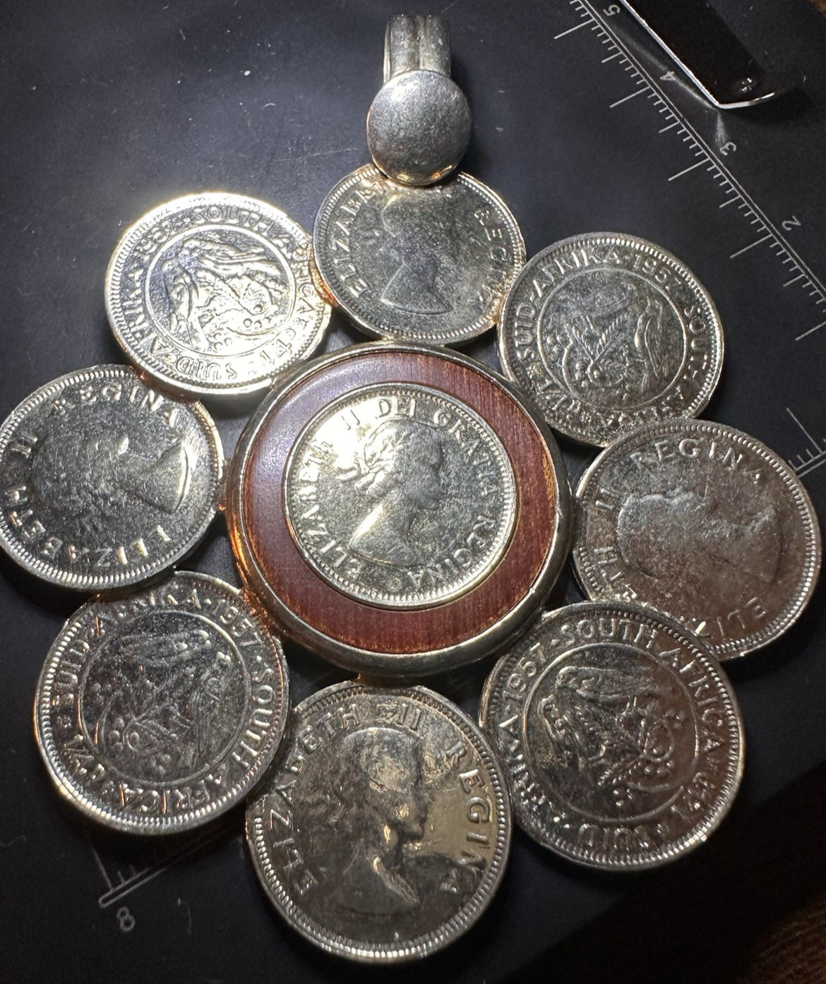 Vintage Silver Coin Cluster Pendant – South Africa 1957 50% Silver Coins -33.87g