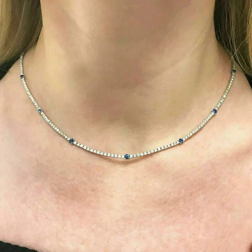 8Ct Moissanite Diamond & Sapphire Tennis Women’s Necklace 14K White Gold Plated