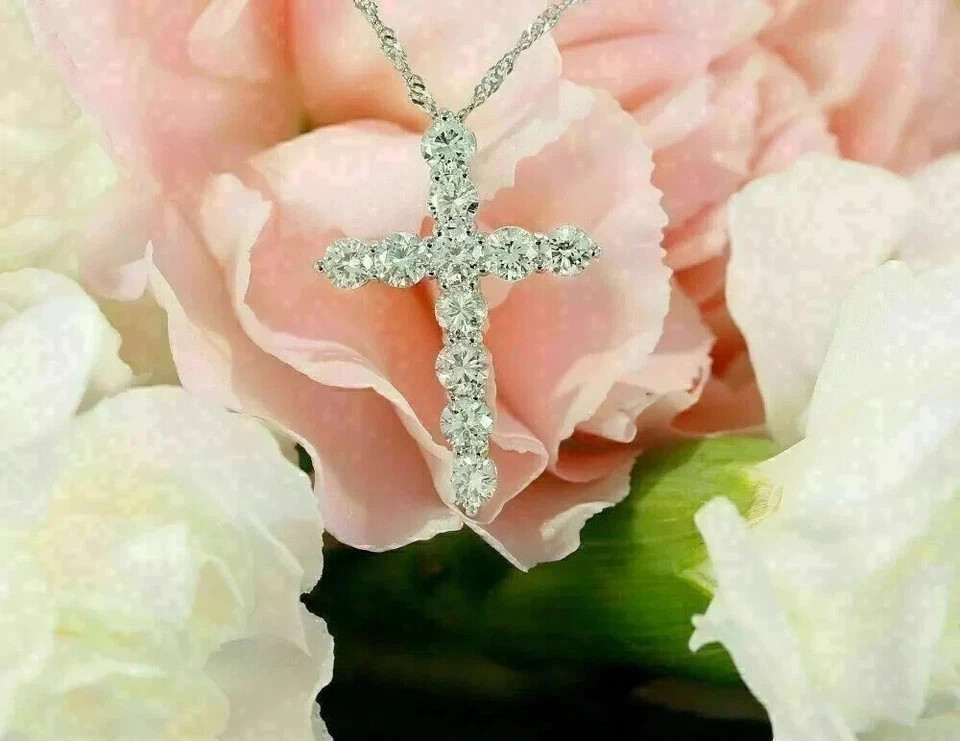 3Ct Round-Cut Real Moissanite Cross Pendant 14k White Gold Plated