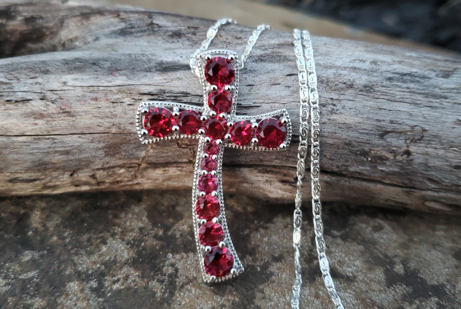 Sterling Silver 925 Raspberry Rhodolite Garnet Cross Pendant Chain Necklace NEW