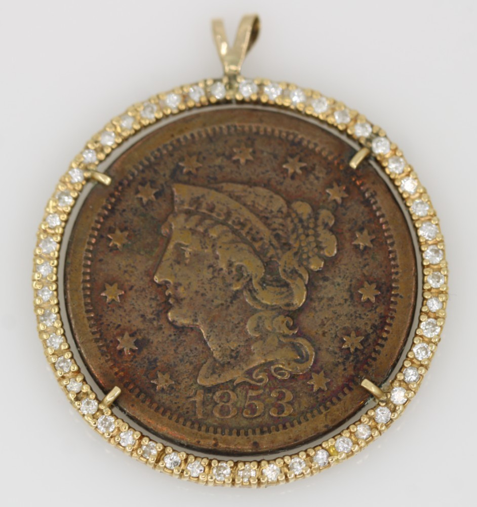 1853 US Braided Hair Large One Cent w/ 0.75 TCW Diamond Coin in 14k Gold Pendant