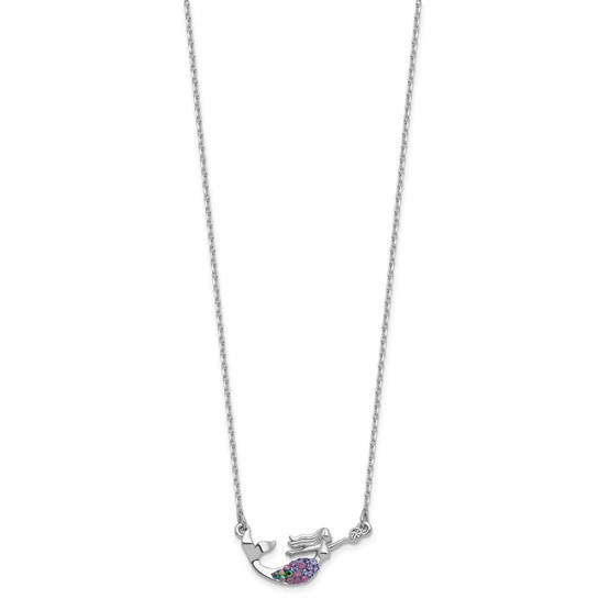 Sterling Silver Rhodium Crystal Multi Colored Mermaid Necklace