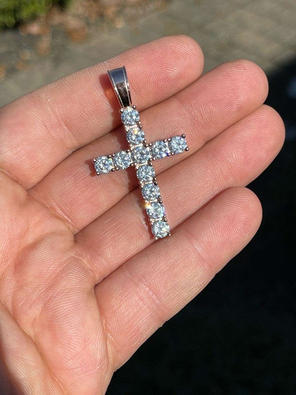 Tennis Cross Iced Pendant – Rose Gold Vermeil 925 Silver – 5 Sizes 0.75″-2.25″