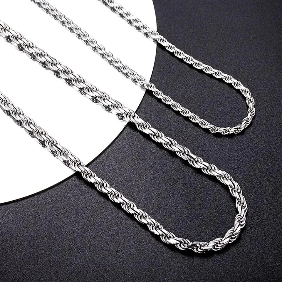New Men’s Italian 4mm Diamond Cut Rope Chain Solid 925 Sterling Silver Necklace
