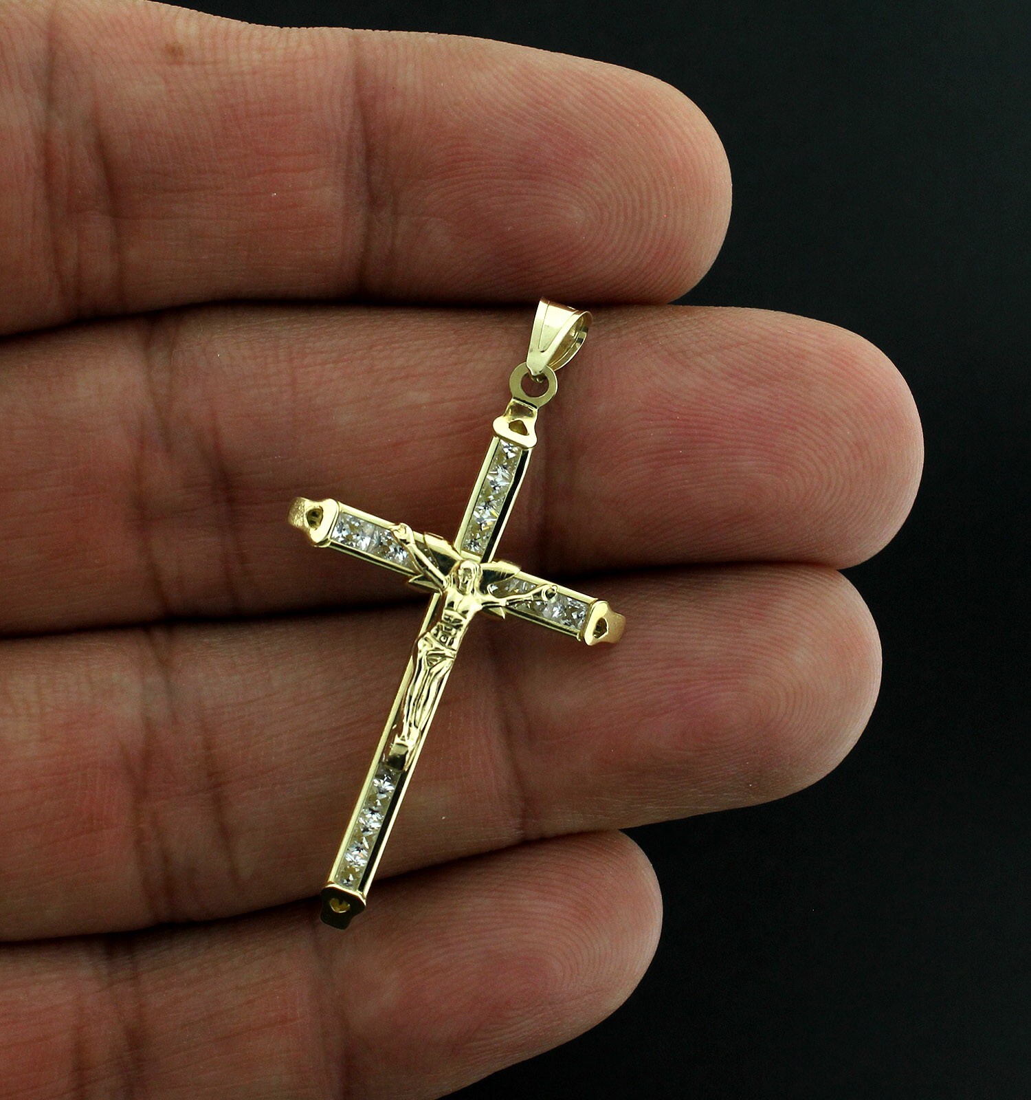 Real 10K Yellow Gold Cross Pendant Diamond Cut Gold Crucifix Charm 2.0″ inch