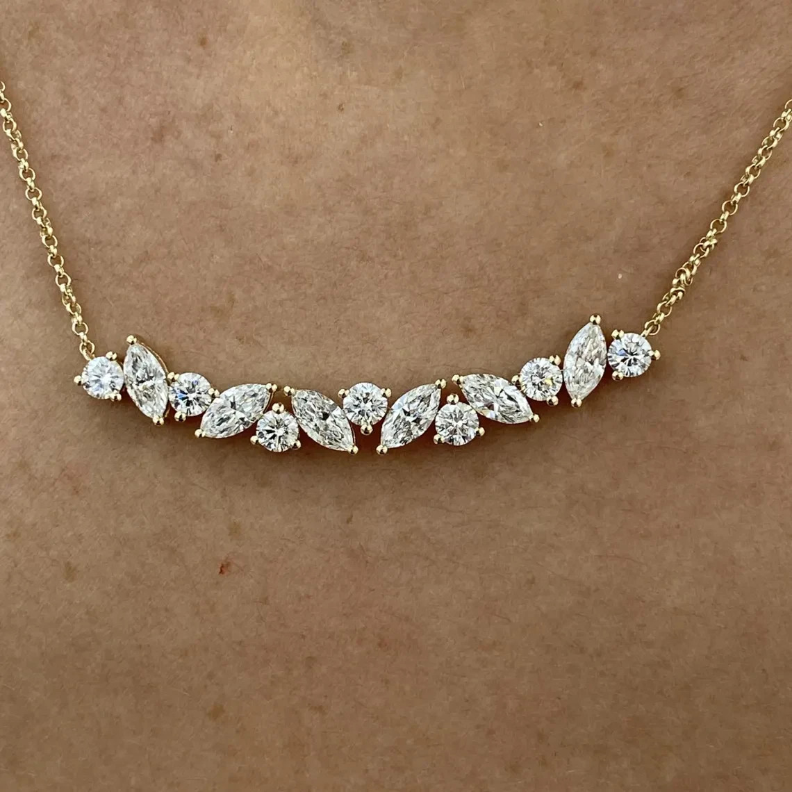 Marquise & Round Lab Grown Diamond Necklace Chain 18” 14k Yellow Gold
