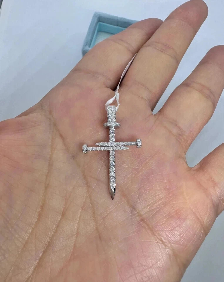 1.50Ct Real Moissanite Nail Cross Pendant 14K White Gold Plated 18″ Chain