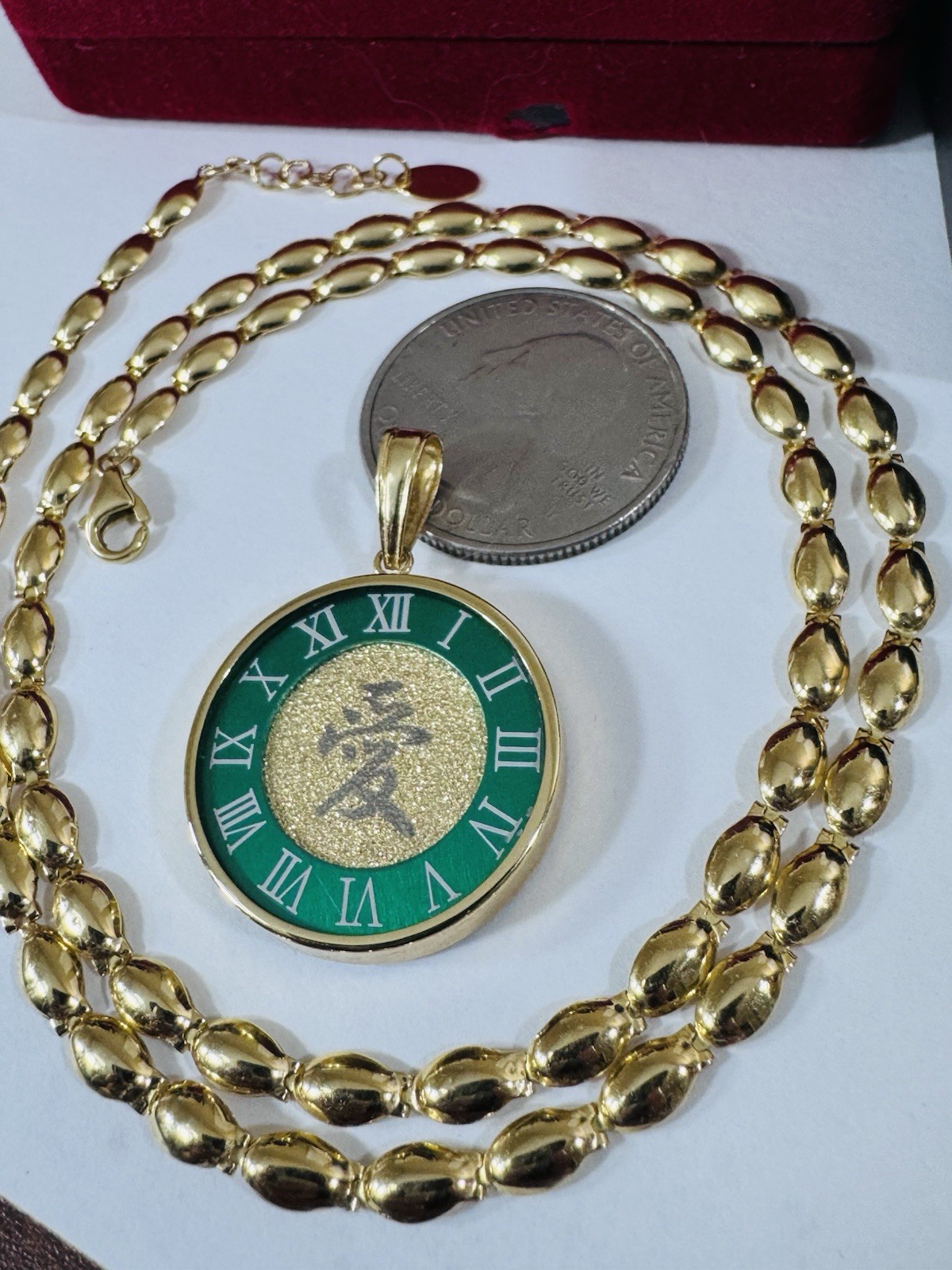 K18 Japan Gold Round Green Love Pendant W/ Necklace 17/17.5” Long 15g 4mm