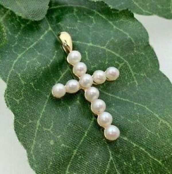 3.00Ct Round Cut Pearl & Diamond Women’s Cross Pendant 14K Yellow Gold Finish