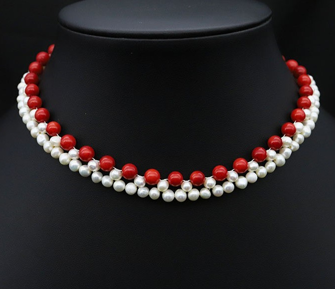 40cm/16in Hand-Kintted South Sea Red Coral/White 4-5mm Pearl Necklace 14K Gold p