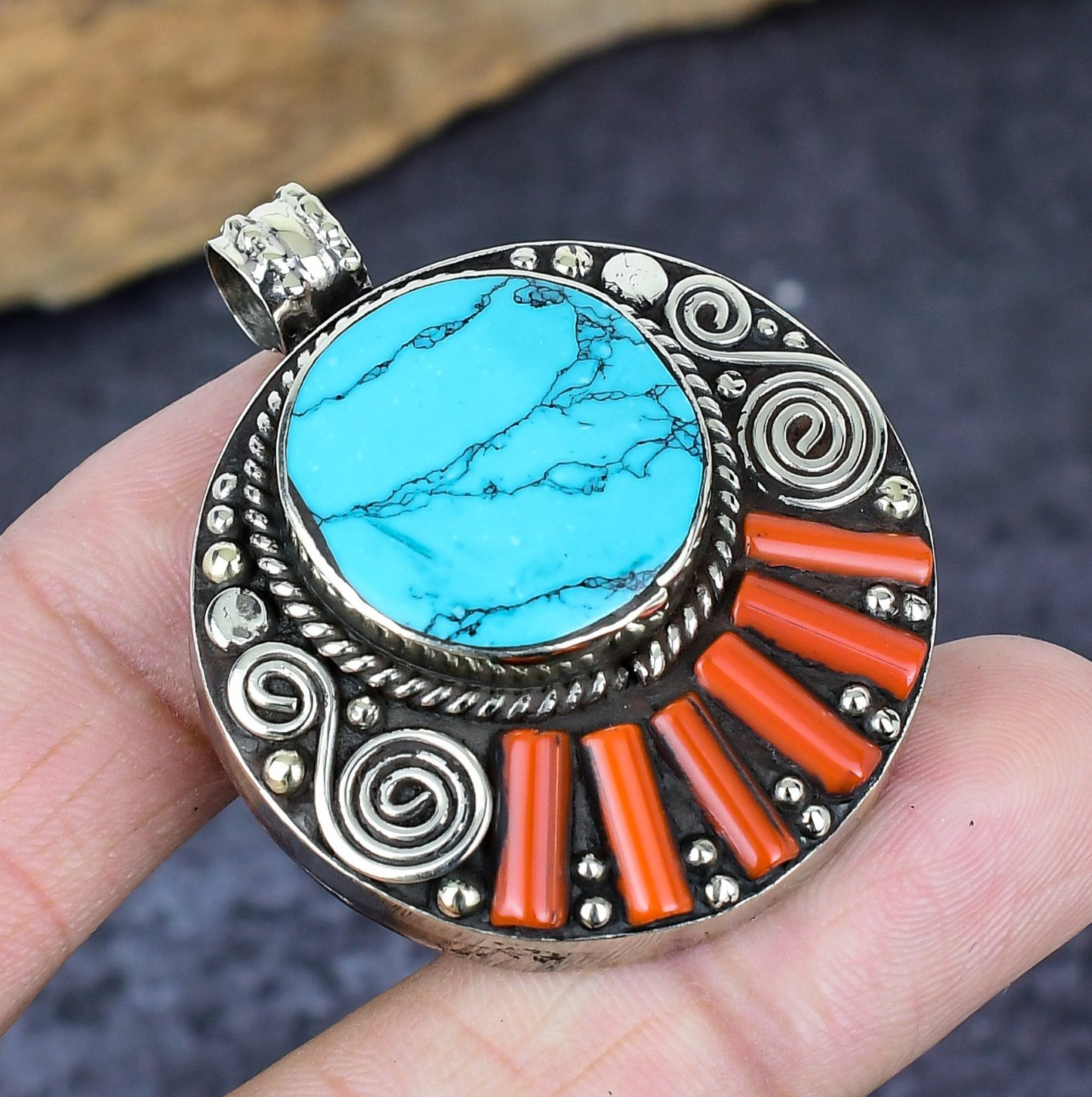 Turquoise, Coral Gemstone Handmade Jewelry 925 Sterling Silver Nepali Pendant