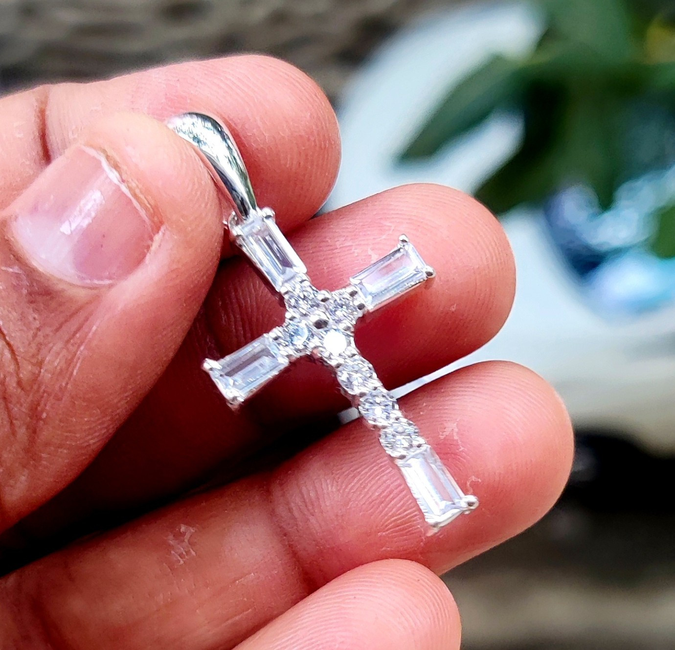 2Ct Bagutte Cut Natural Moissanite Cross Pendant 14K White Gold Plated Silver