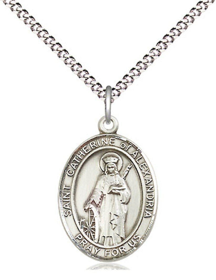 St. Catherine of Alexandria Medal in 3/4″ Sterling, 18″ Rhodium Plate Chain