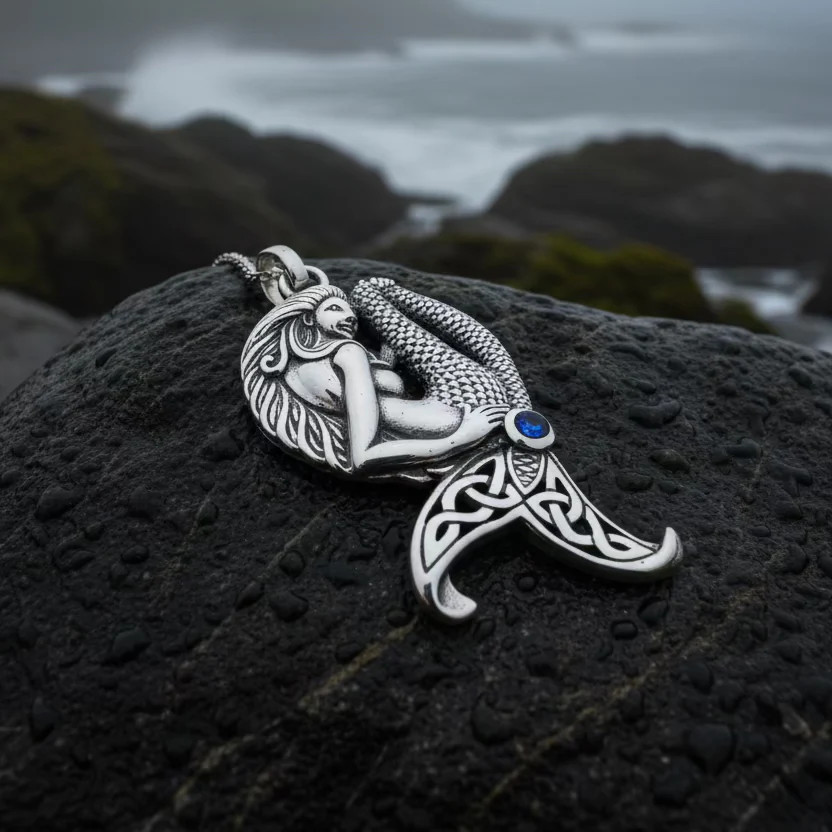 Celtic Mermaid Necklace in Sterling Silver 925 Large Nautical Beach Pendant