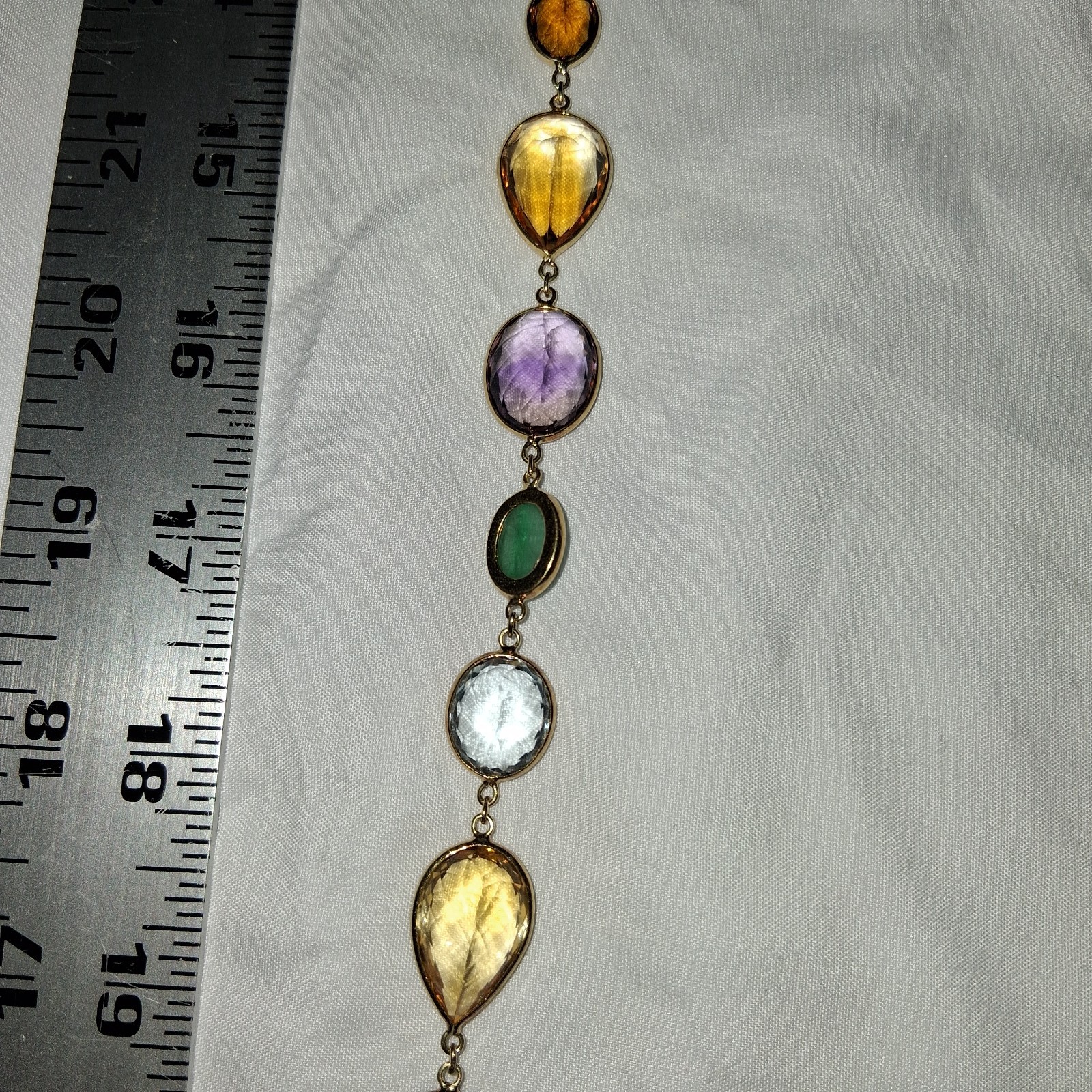 18k Yellow Gold multi color shape stone long necklace