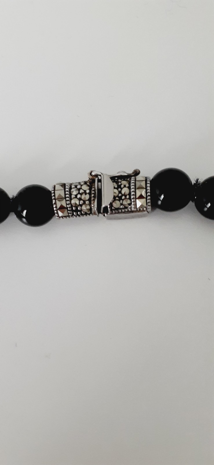 VTG. 925 Sterling Silver Marcasite Signed Judith Jack Blk. Onyx Pendant Necklace