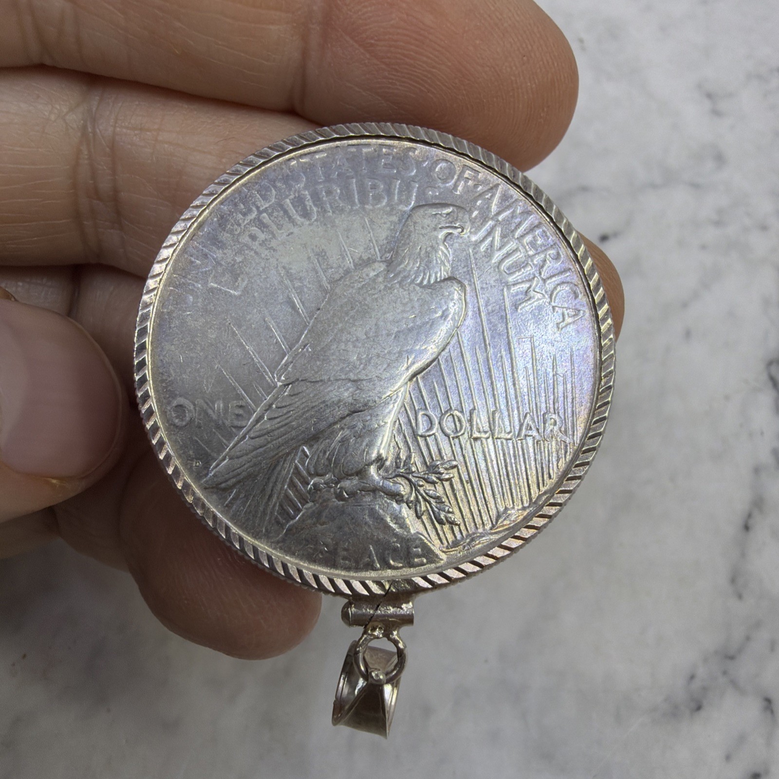 Peace Dollar Pendant 90% Silver AU Coin Sterling Silver Rope Bezel Soldered Bail