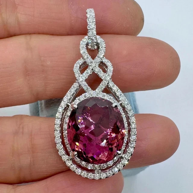 3.00Ct Oval Cut Lab Created Pink Tourmaline Halo Pendant 14K White Gold Plated