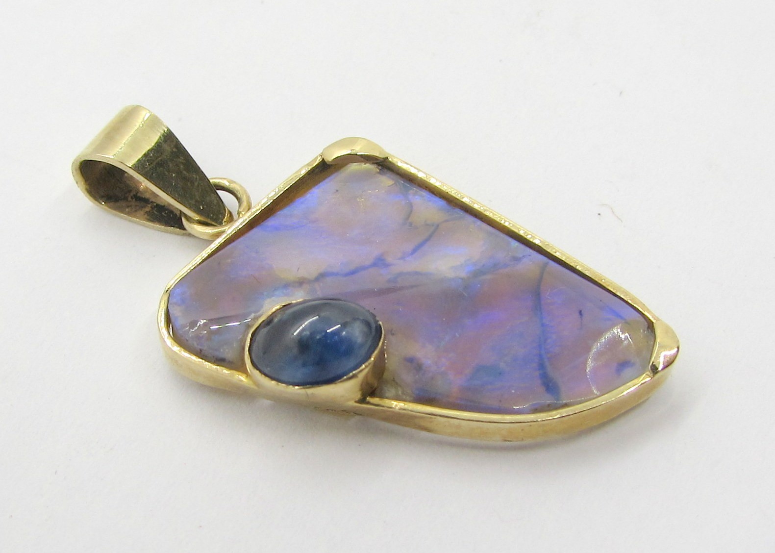 14K YELLOW GOLD LIGHTNING RIDGE OPAL & STAR SAPPHIRE PENDANT 31X16MM ~ 2.6 G