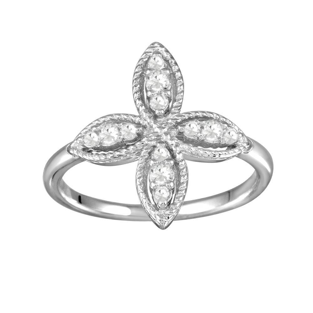 Sterling Silver 925 Rhodium Plated Four Petal Ring with CZ