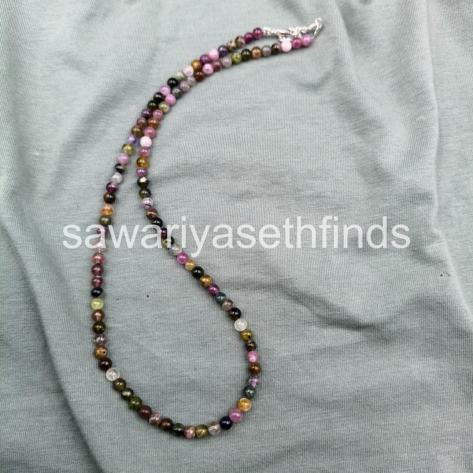 Natural Multi Tourmaline 3mm Smooth Round Beaded Necklace, Sterling Silver Clasp