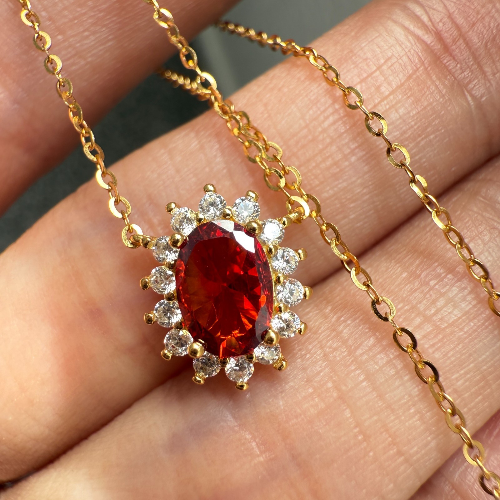 925 Sterling Silver Necklace 7x5mm Natural Garnet Zircon Handmade Flower Chain