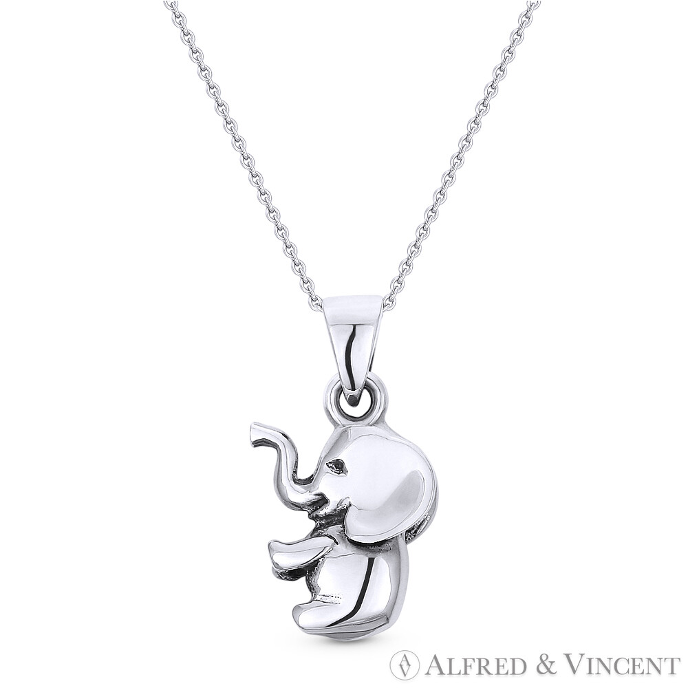 3D Baby Elephant Animal Charm Pendant & Chain Necklace in .925 Sterling Silver
