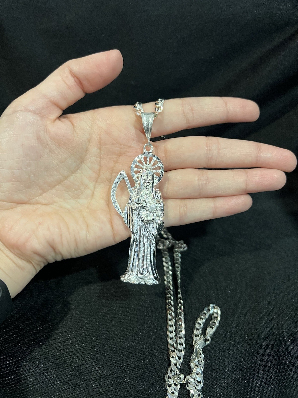 925 Sterling Silver BIG Men Women Santa Muerte Grim Reaper Curb Chain 20 24 30