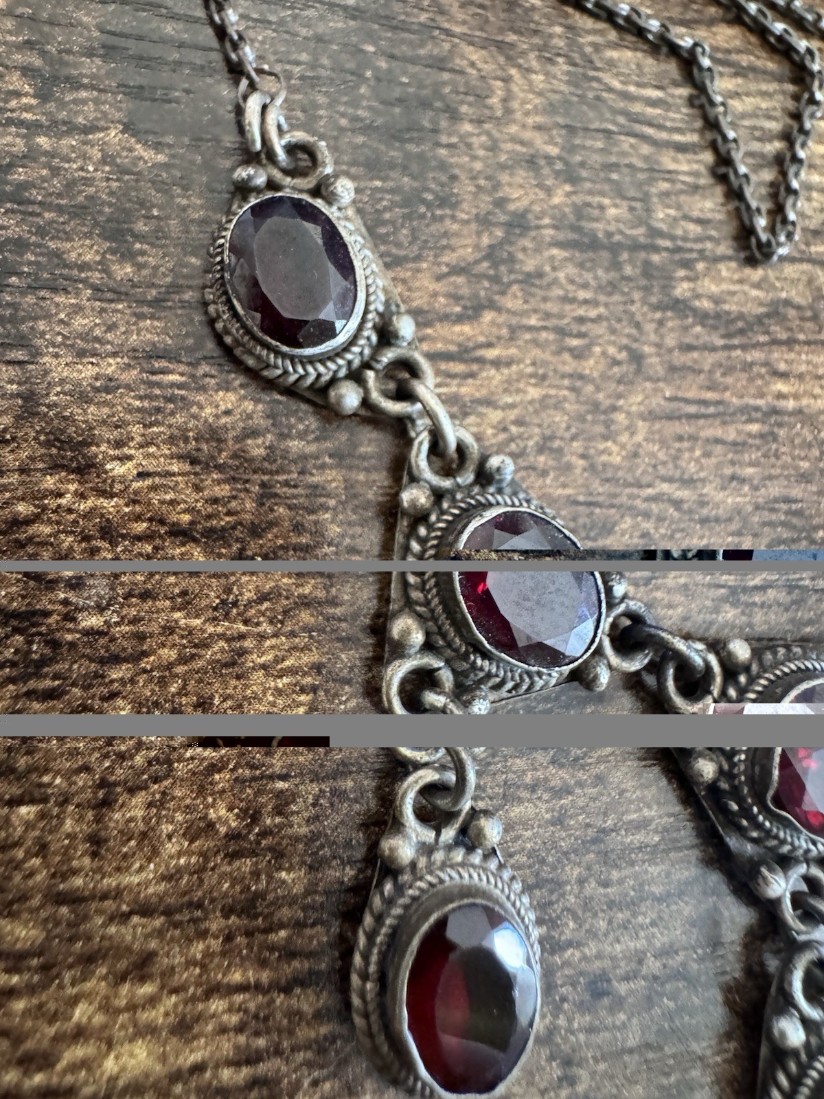 Vintage Sterling Silver 925 & 8 Garnet Cabochon Dangle Rope Necklace