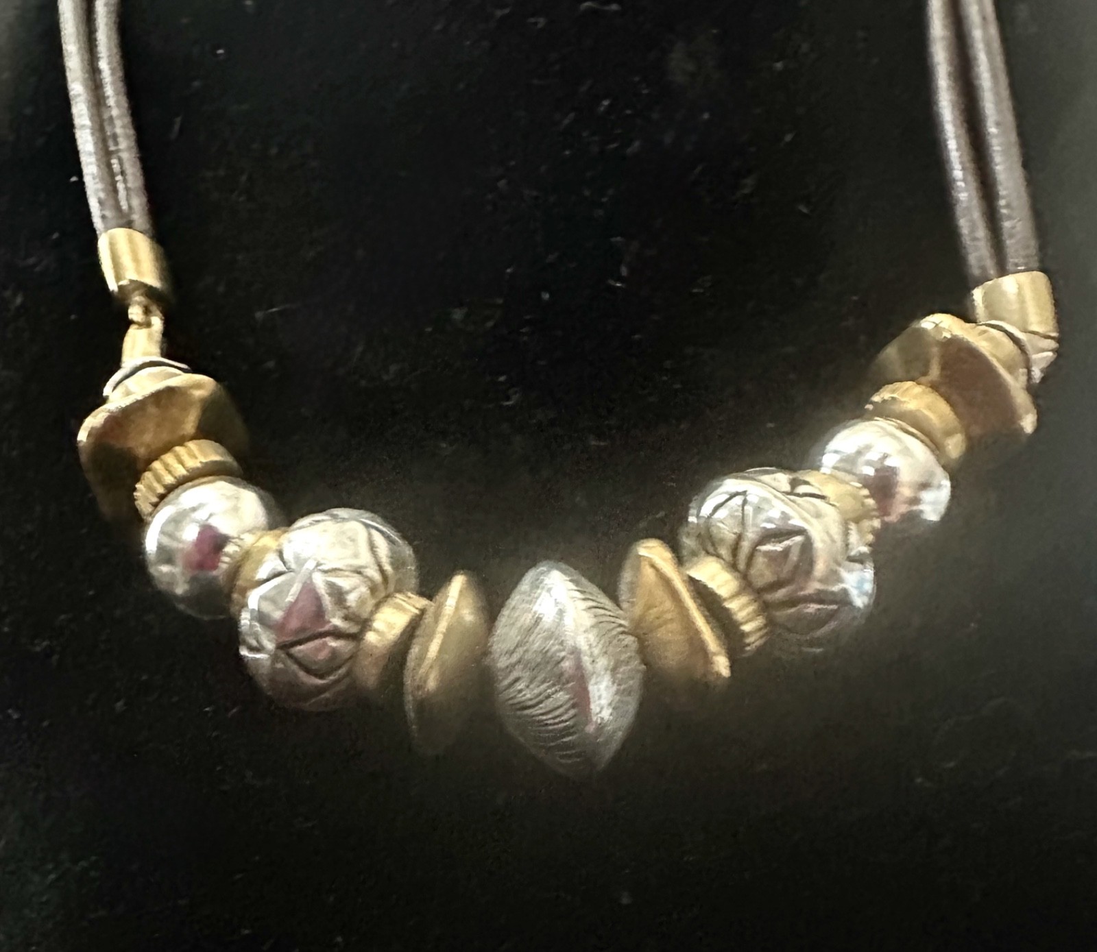 SILPADA Cluster BEADS Gold SILVER Brown LEATHER Cord .925 Sterling Necklace