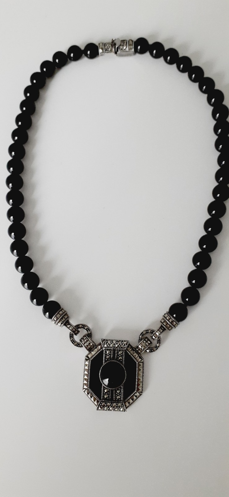 VTG. 925 Sterling Silver Marcasite Signed Judith Jack Blk. Onyx Pendant Necklace